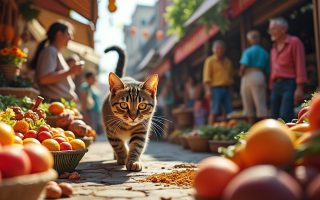 découvrez comment un chat persistant s’impose sur le marché, trouvant toujours un moyen de revenir même après avoir été expulsé, captivant l’attention des internautes.